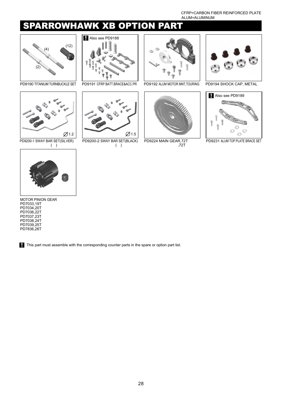 Sparrowhawk xb parts list 零件表, Sparrowhawk xb option parts list 改裝零件表, Sparrowhawk xb part 零件表 | Sparrowhawk xb option part 改裝配件, Body shells 車殼, Wheel & tire option part list 輪胎與輪轂, Optional electronics 選配電子產品 | Thunder Tiger SPARROWHAWK XB 4WD Maintenance Manual User Manual | Page 29 / 34