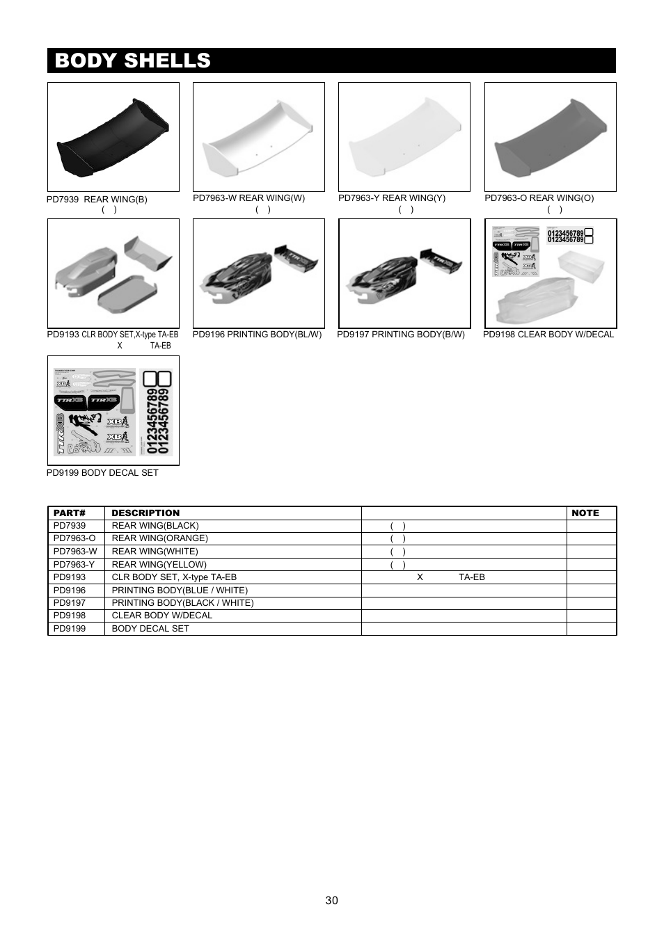 Sparrowhawk xb parts list 零件表, Sparrowhawk xb option parts list 改裝零件表, Sparrowhawk xb part 零件表 | Sparrowhawk xb option part 改裝配件, Body shells 車殼, Wheel & tire option part list 輪胎與輪轂, Optional electronics 選配電子產品, Sp arr o wha wk xb p ar t 零件表 | Thunder Tiger SPARROWHAWK XB 4WD Maintenance Manual User Manual | Page 31 / 34