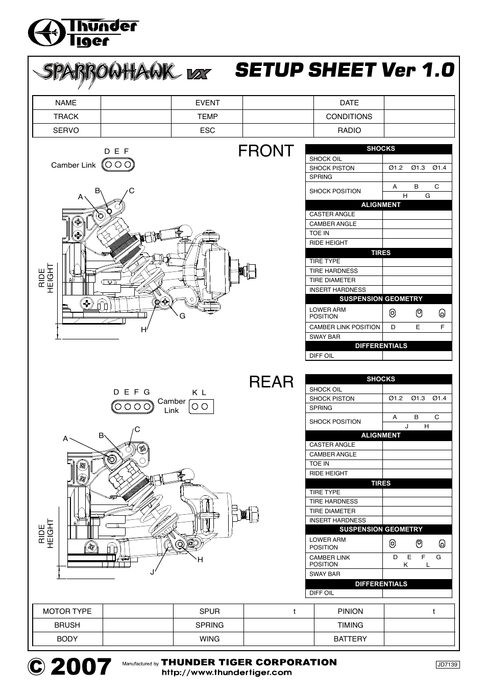 Gh i a, Setup sheet ver 1.0, Instruction manual | Front, Rear, Warranty, 電動四輪傳動房車, No.6535-f, Caution, Index | Thunder Tiger SPARROWHAWK VX User Manual | Page 12 / 12