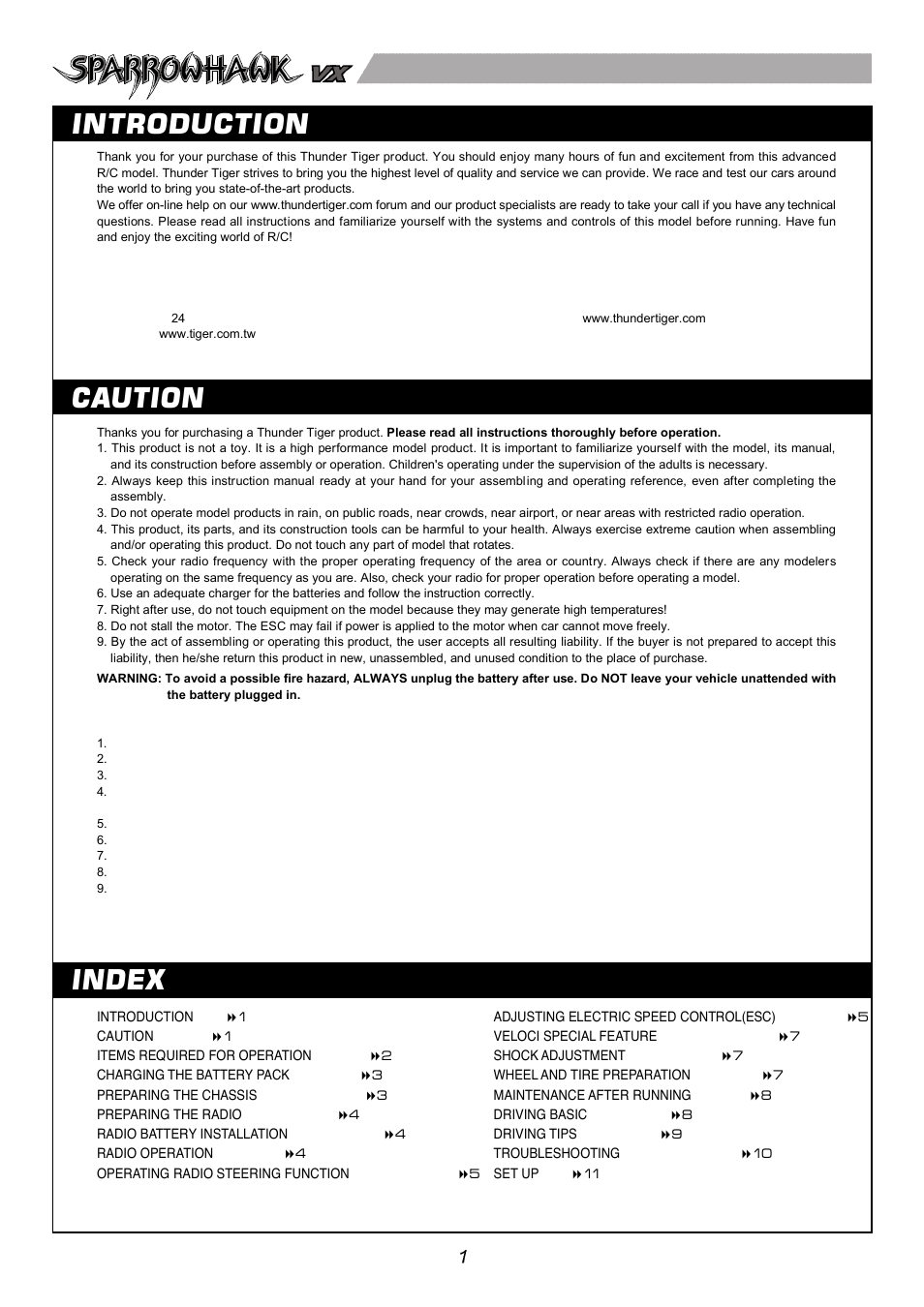 Gh i a, Setup sheet ver 1.0, Instruction manual | Front rear, Warranty, 電動四輪傳動房車, No.6535-f, Caution, Index, Introduction | Thunder Tiger SPARROWHAWK VX User Manual | Page 2 / 12