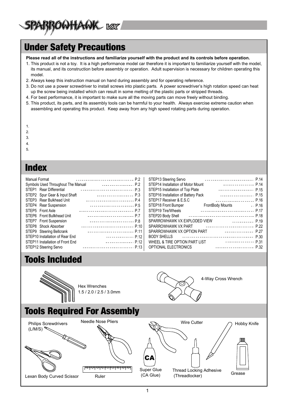 Maintenance manual & parts catalogue, Introduction, Under safety precautions | Index, Tools included, Tools required for assembly, Manual format, Symbols used throughout the manual, 電動房車系列, No.6535-f | Thunder Tiger SPARROWHAWK VX Malntenance Manual User Manual | Page 2 / 34