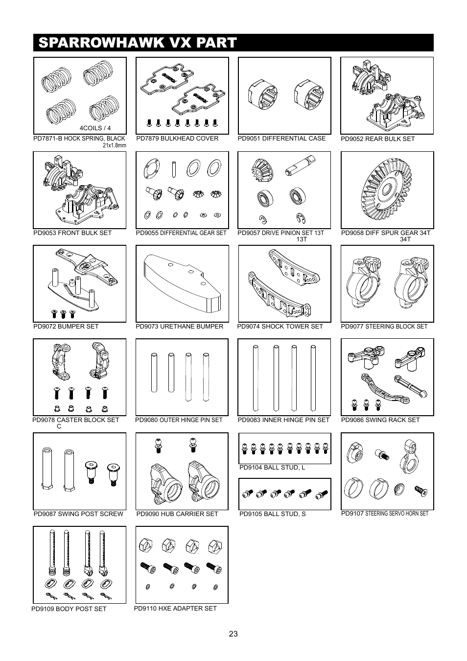 Sparrowhawk vx parts list 零件表, Sparrowhawk vx option parts list 改裝零件表, Sparrowhawk vx part 零件表 | Sparrowhawk vx option part 改裝配件, Body shells 車殼, Wheel & tire option part list 輪胎與輪轂, Optional electr onics 選配電子產品 | Thunder Tiger SPARROWHAWK VX Malntenance Manual User Manual | Page 24 / 34