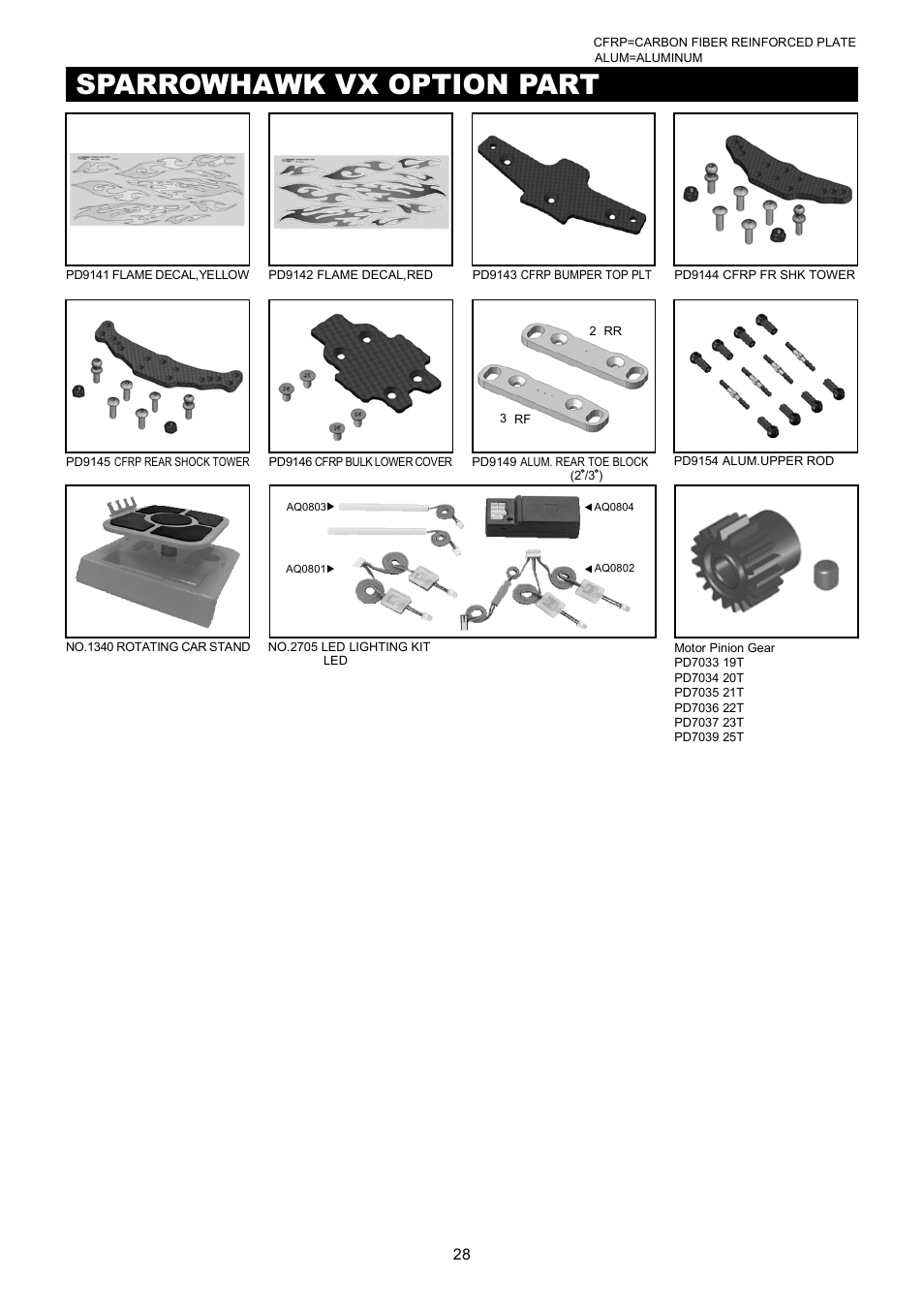 Sparrowhawk vx parts list 零件表, Sparrowhawk vx option parts list 改裝零件表, Sparrowhawk vx part 零件表 | Sparrowhawk vx option part 改裝配件, Body shells 車殼, Wheel & tire option part list 輪胎與輪轂, Optional electronics 選配電子產品 | Thunder Tiger SPARROWHAWK VX Malntenance Manual User Manual | Page 29 / 34