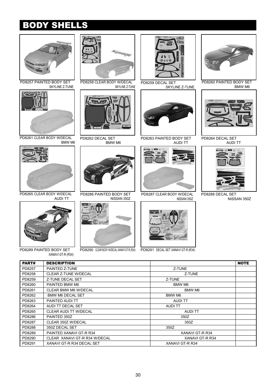 Sparrowhawk vx parts list 零件表, Sparrowhawk vx option parts list 改裝零件表, Sparrowhawk vx part 零件表 | Sparrowhawk vx option part 改裝配件, Body shells 車殼, Wheel & tire option part list 輪胎與輪轂, Optional electronics 選配電子產品 | Thunder Tiger SPARROWHAWK VX Malntenance Manual User Manual | Page 31 / 34