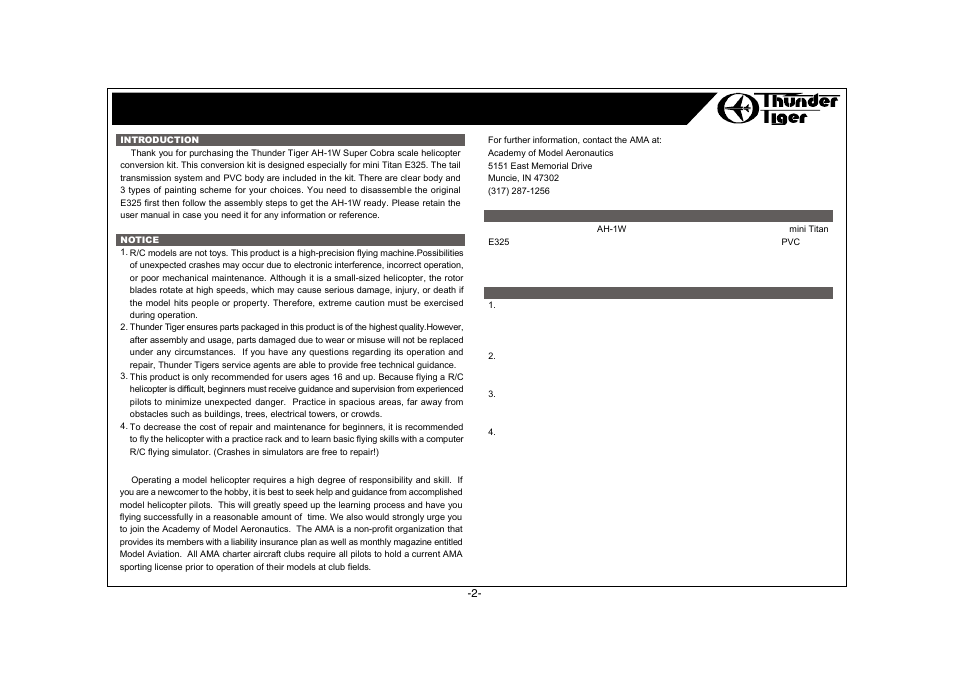 Thunder Tiger AH-1W User Manual | Page 3 / 39
