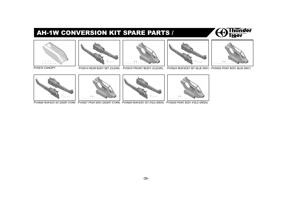 Ah-1w accessories / 附屬配件, Specification / 規格, Front body and canopy cuting / 前機身及機艙罩裁剪 | Ah-1w conversion kit spare parts / 維修零件包 | Thunder Tiger AH-1W User Manual | Page 36 / 39