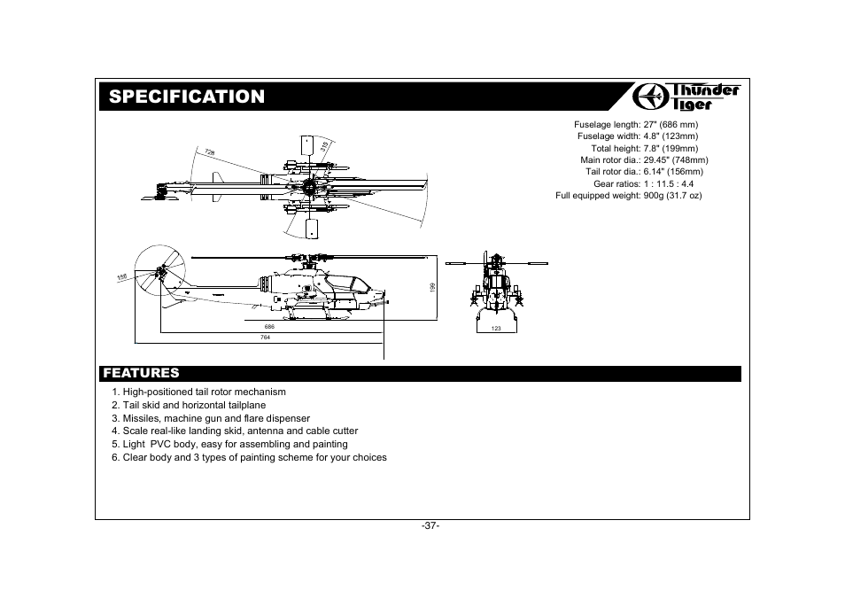 Ah-1w accessories / 附屬配件, Specification / 規格, Front body and canopy cuting / 前機身及機艙罩裁剪 | Ah-1w conversion kit spare parts / 維修零件包, Features / 特點 | Thunder Tiger AH-1W User Manual | Page 38 / 39