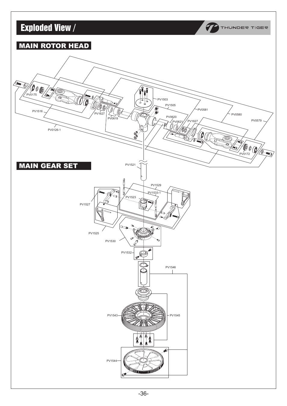 P36.pdf, Exploded view / 爆炸圖檢索, Main rotor head main gear set | Thunder Tiger RapRaptor E820 User Manual | Page 37 / 41
