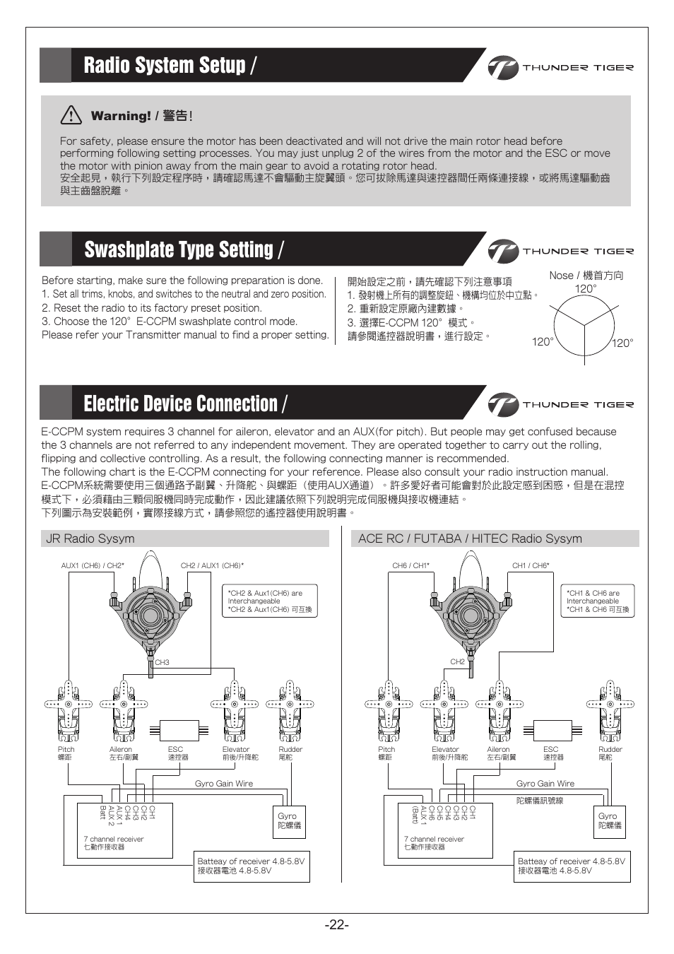 Swashplate type setting / 十字盤模式設定, Warning! / 警告, Ace rc / futaba / hitec radio sysym jr radio sysym | Thunder Tiger Titan X50 EF User Manual | Page 23 / 46