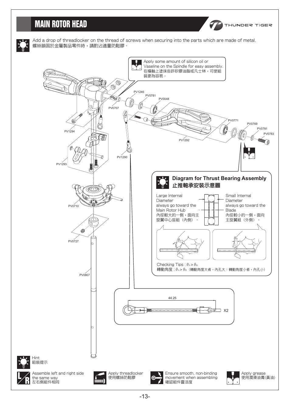 P13.pdf, Main rotor head 主旋翼頭, Diagram for thrust bearing assembly 止推軸承安裝示意圖 | Thunder Tiger E325S User Manual | Page 14 / 28