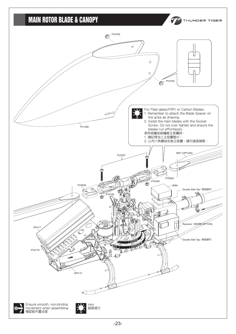 P23.pdf, Main rotor blade & canopy 主旋翼與機殼罩 | Thunder Tiger E325S User Manual | Page 24 / 28