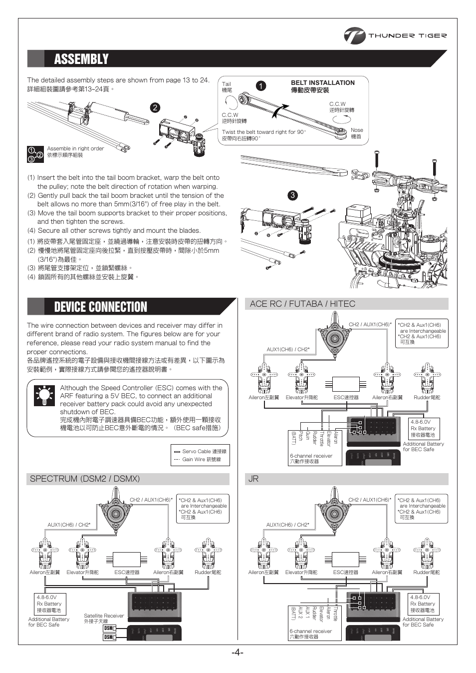 P04.pdf, Assembly 組裝說明, Device connection 設備連接說明 | Ace rc / futaba / hitec, Spectrum (dsm2 / dsmx) | Thunder Tiger E325S User Manual | Page 5 / 28