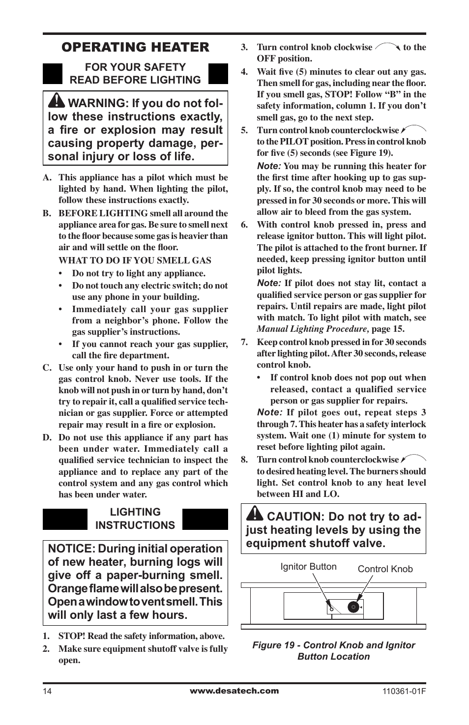 Operating heater | Desa Tech S26NTA User Manual | Page 14 / 28