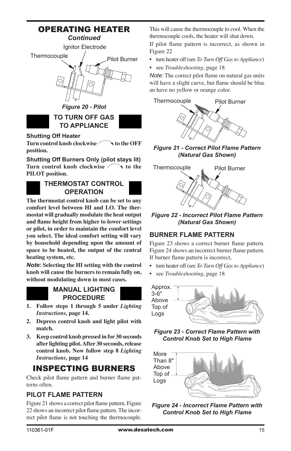Inspecting burners, Operating heater | Desa Tech S26NTA User Manual | Page 15 / 28