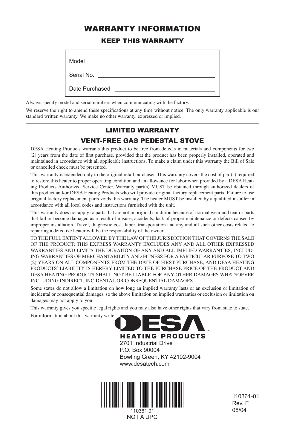 Warranty information, Limited warranty vent-free gas pedestal stove, Keep this warranty | Desa Tech S26NTA User Manual | Page 28 / 28