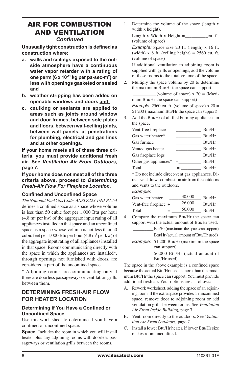 Air for combustion and ventilation | Desa Tech S26NTA User Manual | Page 6 / 28