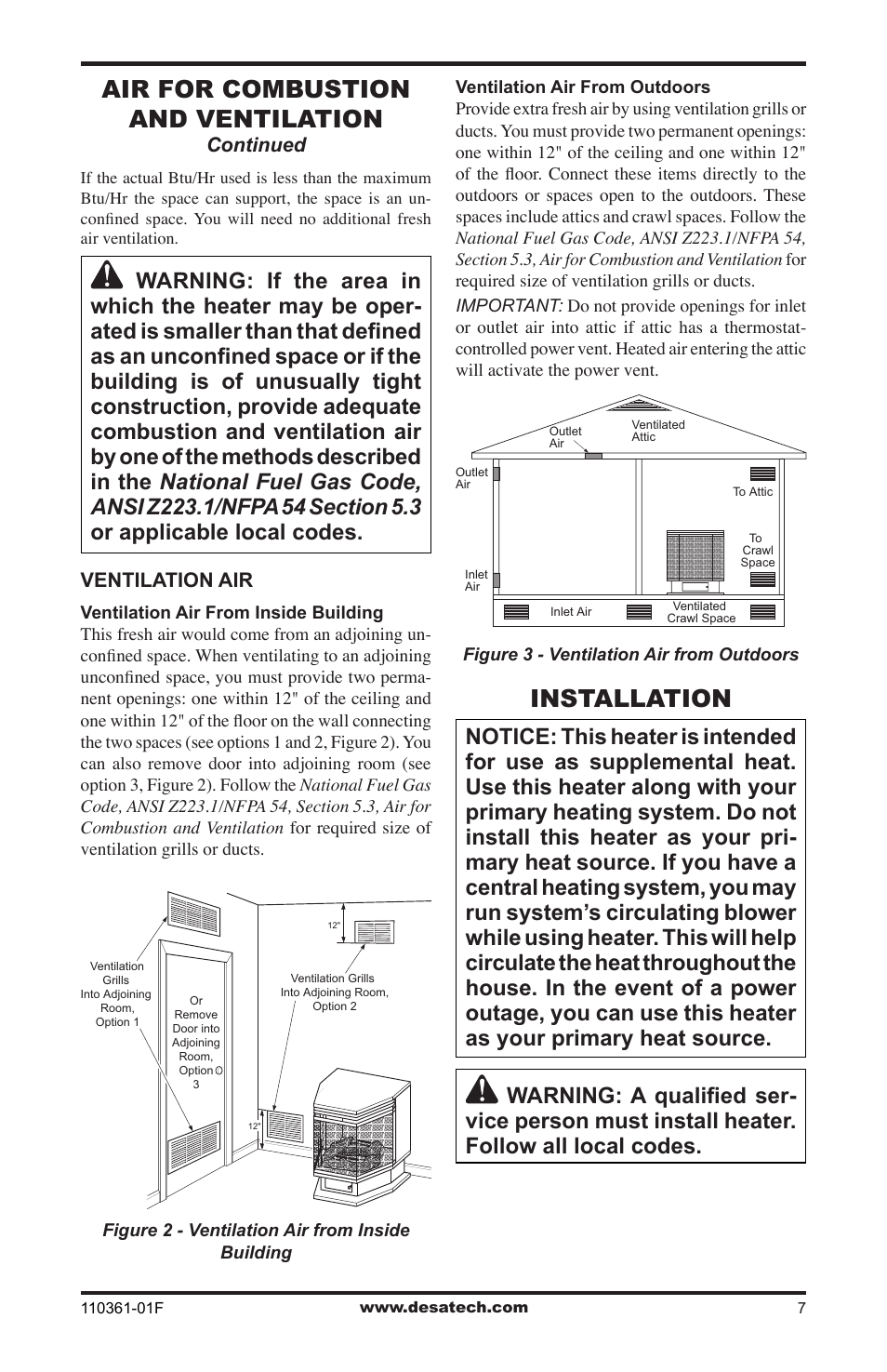 Installation, Air for combustion and ventilation | Desa Tech S26NTA User Manual | Page 7 / 28
