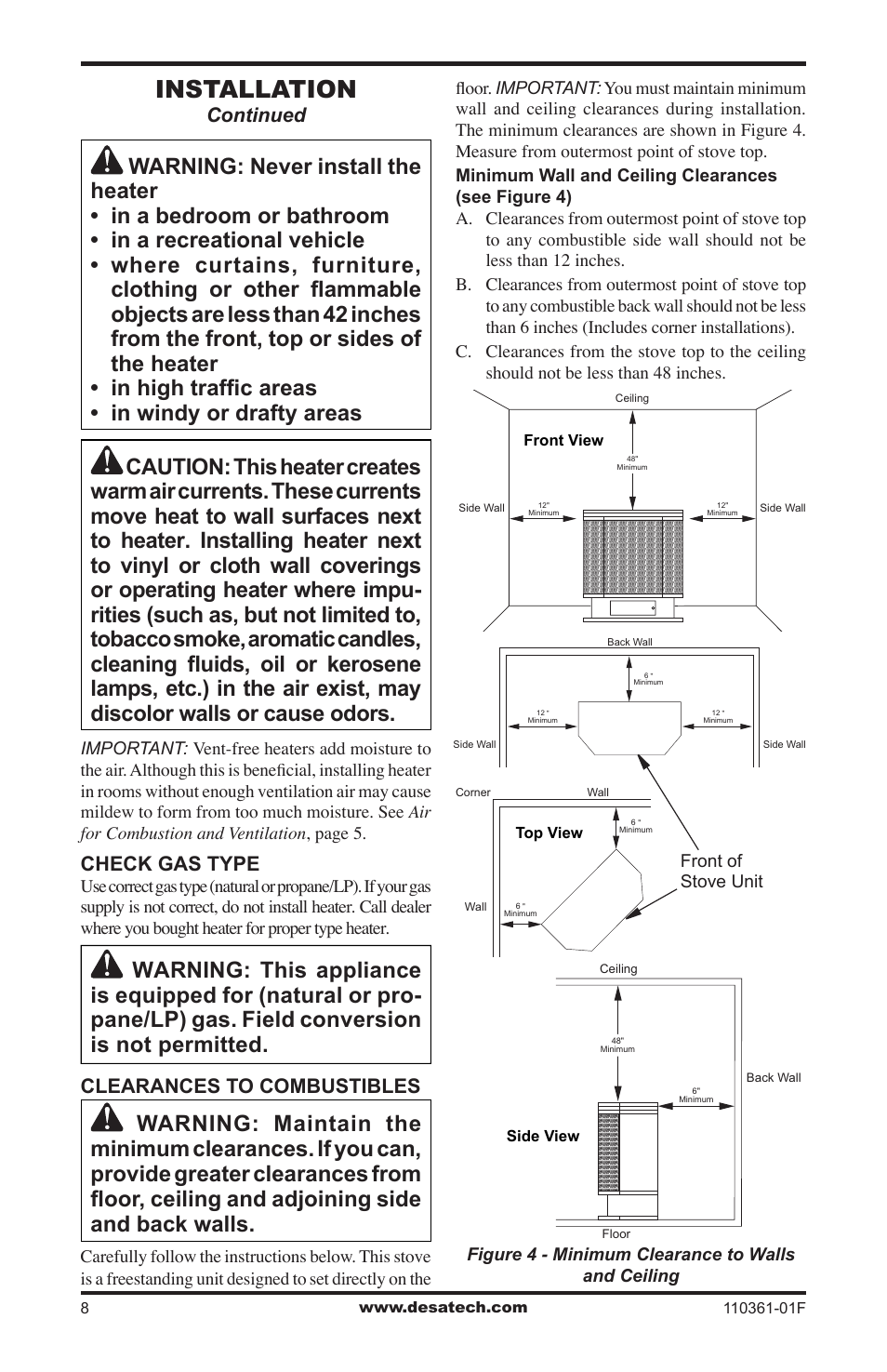 Installation, Check gas type, Clearances to combustibles | Continued | Desa Tech S26NTA User Manual | Page 8 / 28