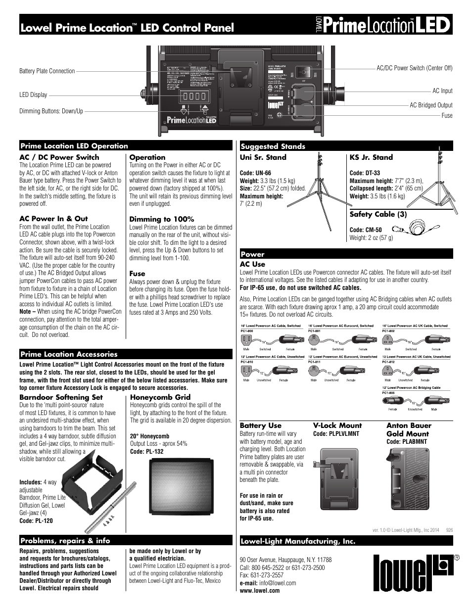 Lowel prime location, Led control panel | Tiffen Lowel Prime Location LED (Daylight & Tungsten Models) User Manual | Page 2 / 2