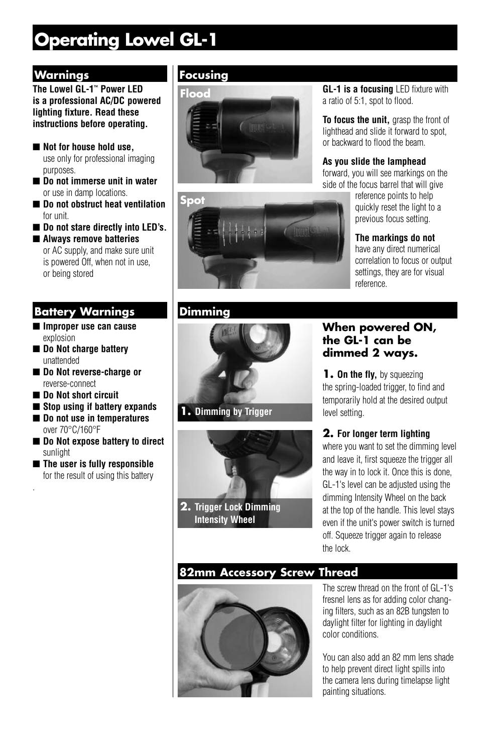 Operating lowel gl-1 | Tiffen Lowel GL-1 Power LED User Manual | Page 2 / 4