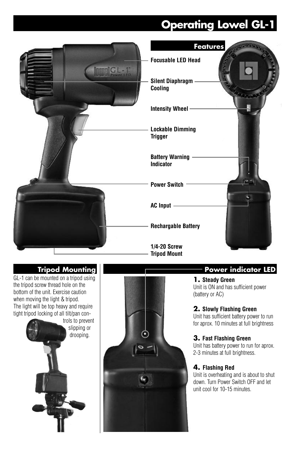 Operating lowel gl-1 | Tiffen Lowel GL-1 Power LED User Manual | Page 3 / 4