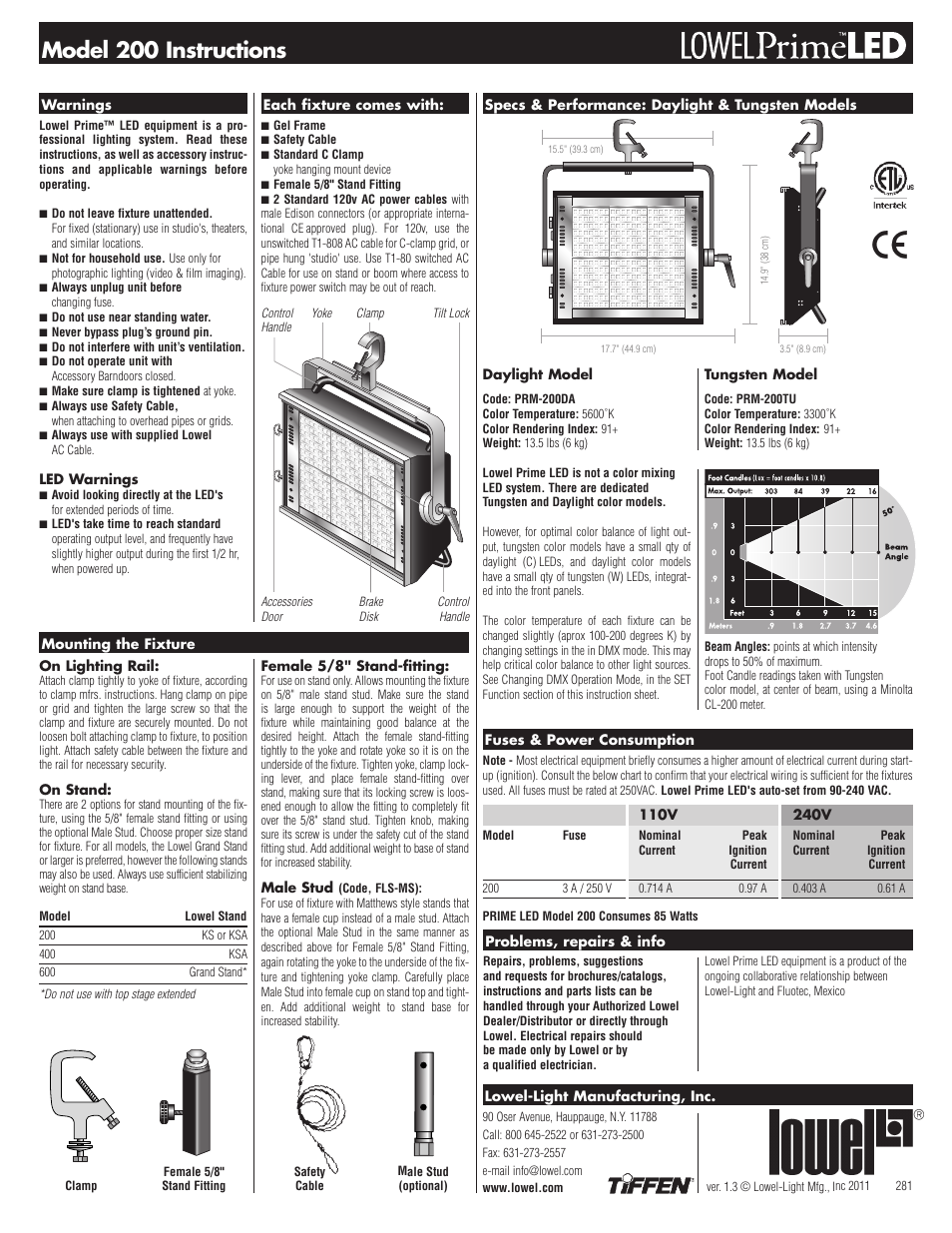 Tiffen Lowel Prime LED 200 User Manual | 2 pages