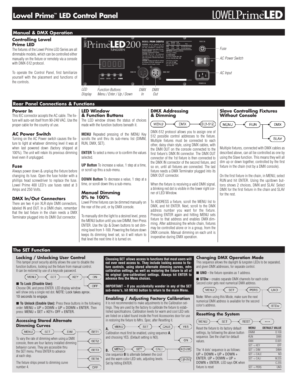 Prime 200, Lowel prime, Led control panel | Controlling lowel prime led, Manual & dmx operation, Power in, Ac power switch, Fuse, Dmx in/out connectors, Led window & function buttons | Tiffen Lowel Prime LED 200 User Manual | Page 2 / 2