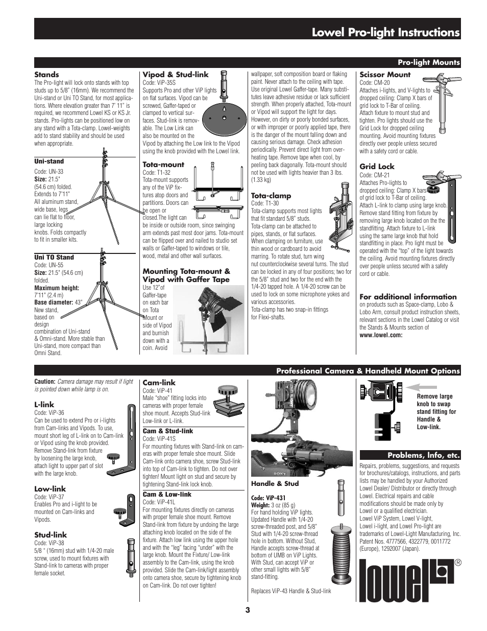 Lowel pro-light instructions | Tiffen Lowel Pro-light User Manual | Page 3 / 4