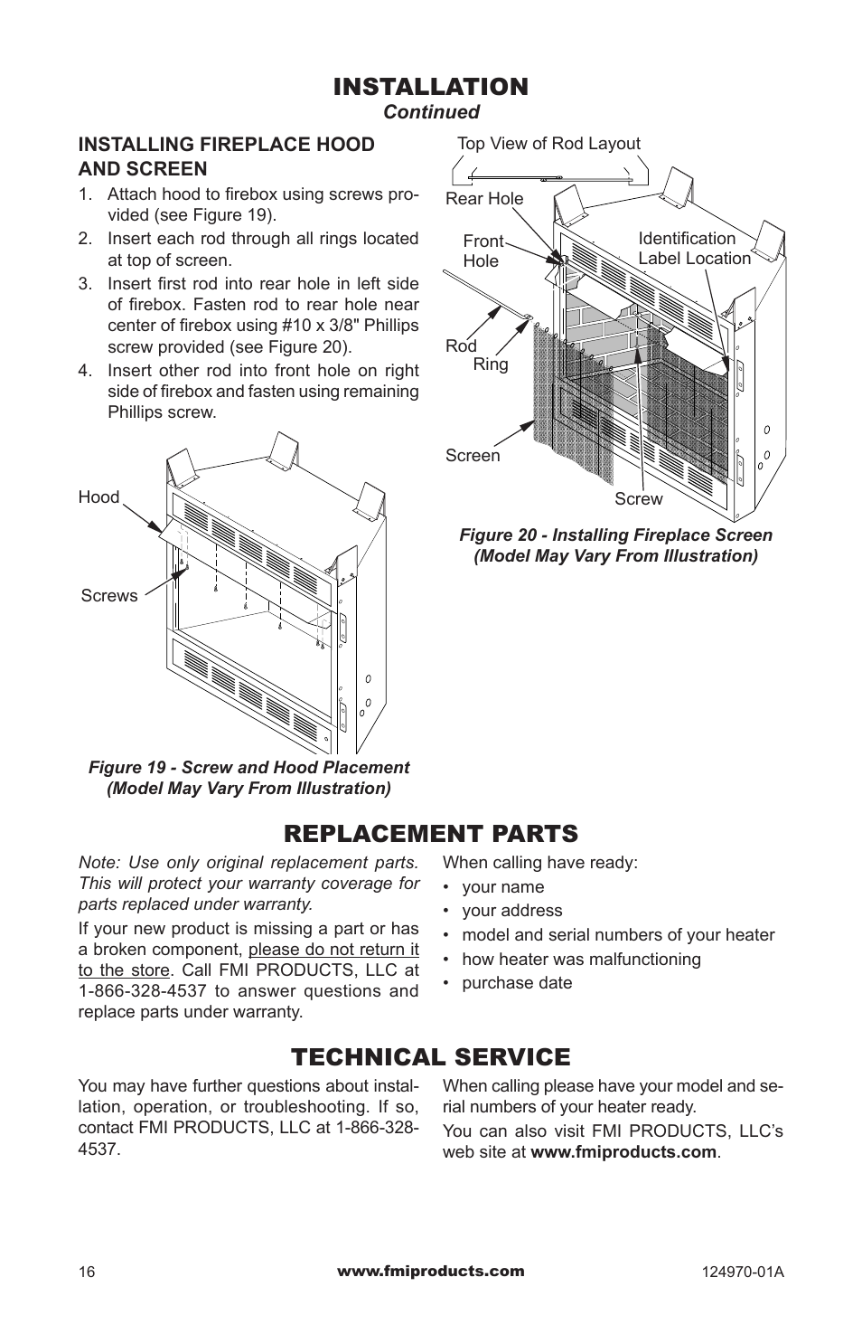 Installation, Replacement parts, Technical service | Desa Tech FIREBOX CGFB32CC User Manual | Page 16 / 20