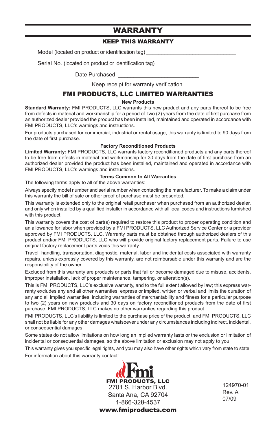 Warranty, Fmi products, llc limited warranties | Desa Tech FIREBOX CGFB32CC User Manual | Page 20 / 20