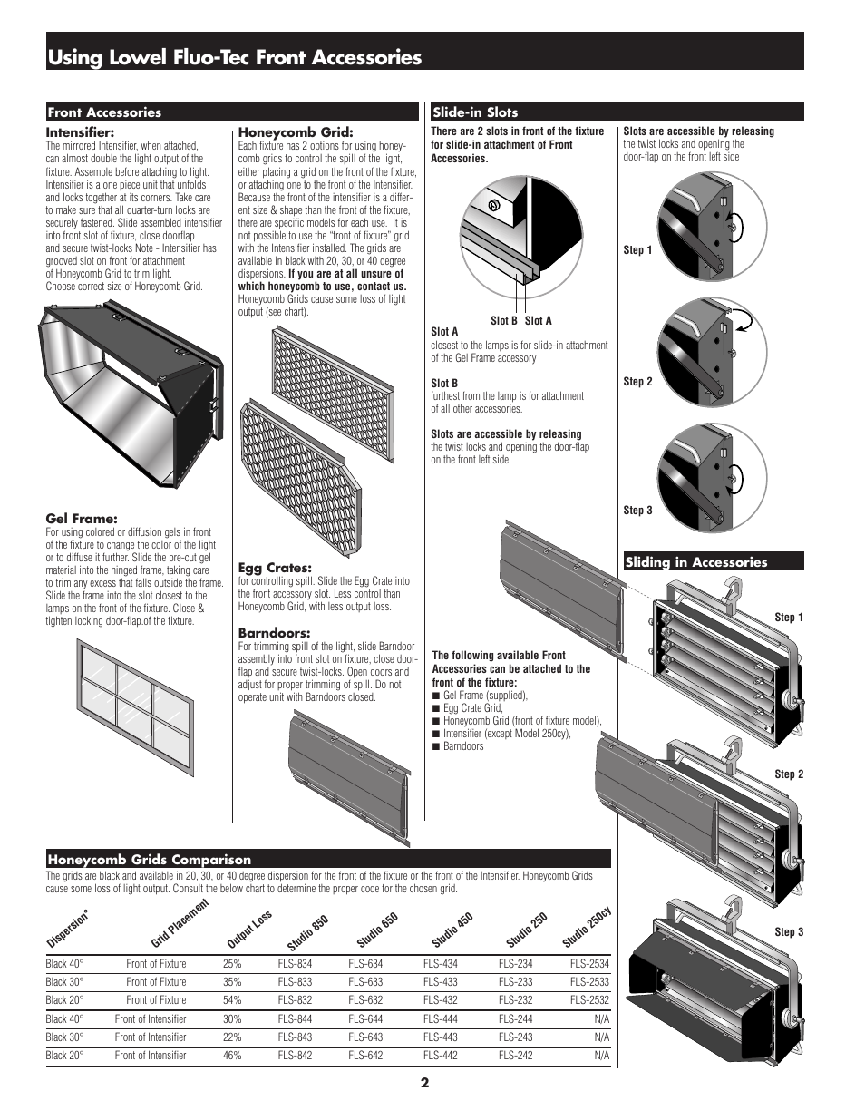 Using lowel fluo-tec front accessories | Tiffen Lowel Fluo-Tec User Manual | Page 2 / 4