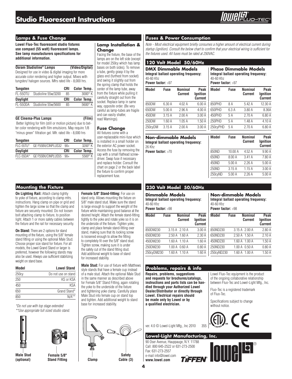 Studio fluorescent instructions | Tiffen Lowel Fluo-Tec User Manual | Page 4 / 4