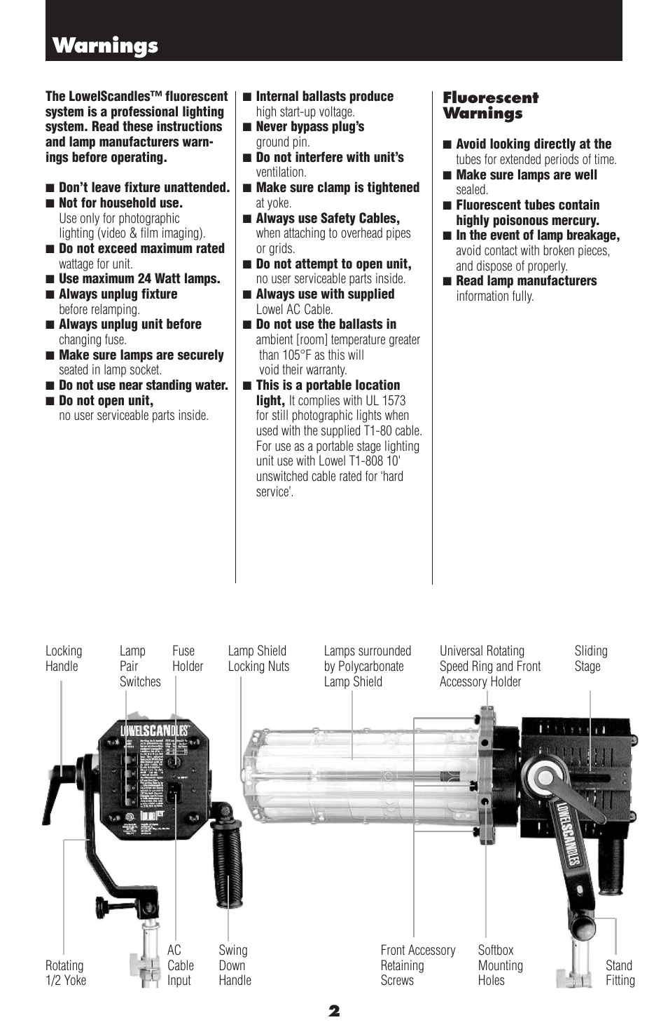 Warnings | Tiffen Lowel Scandles User Manual | Page 2 / 8