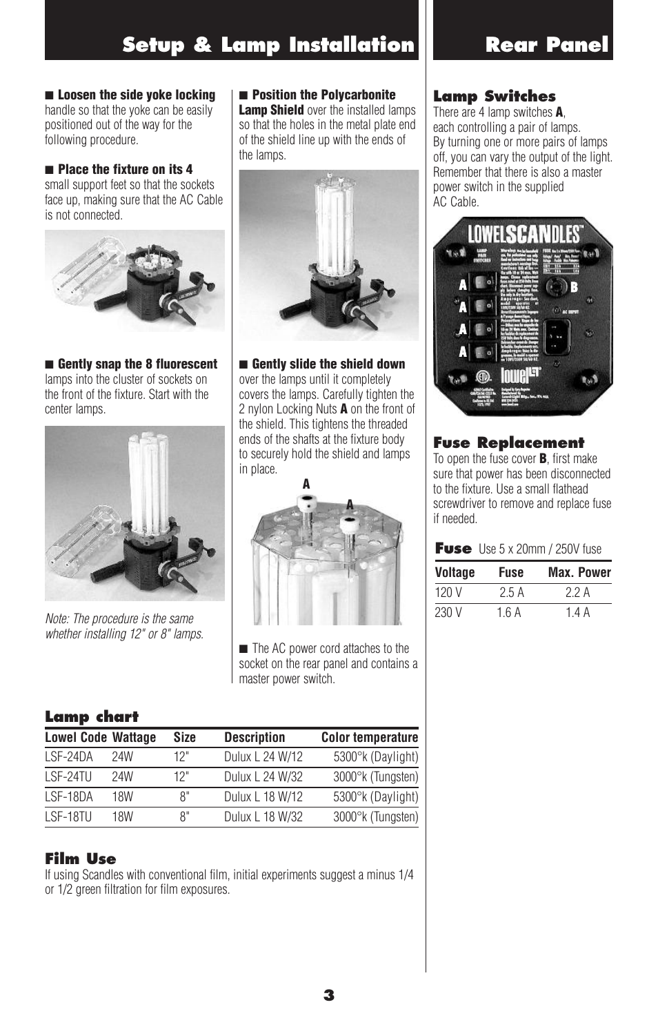 Rear panel, Setup & lamp installation | Tiffen Lowel Scandles User Manual | Page 3 / 8