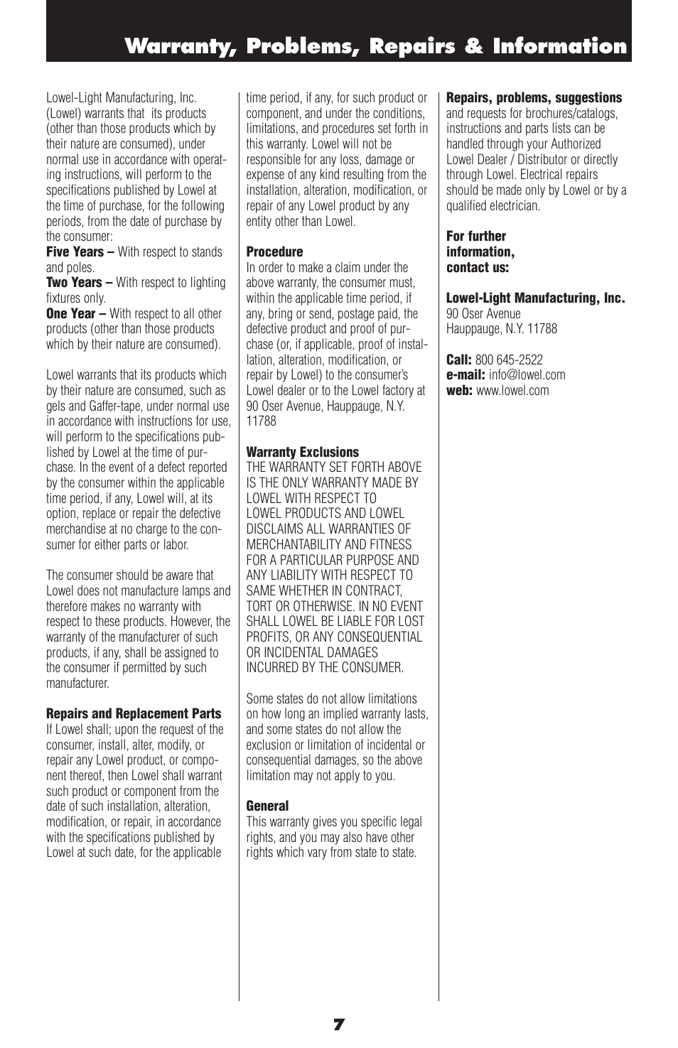 Warranty, problems, repairs & information | Tiffen Lowel Scandles User Manual | Page 7 / 8
