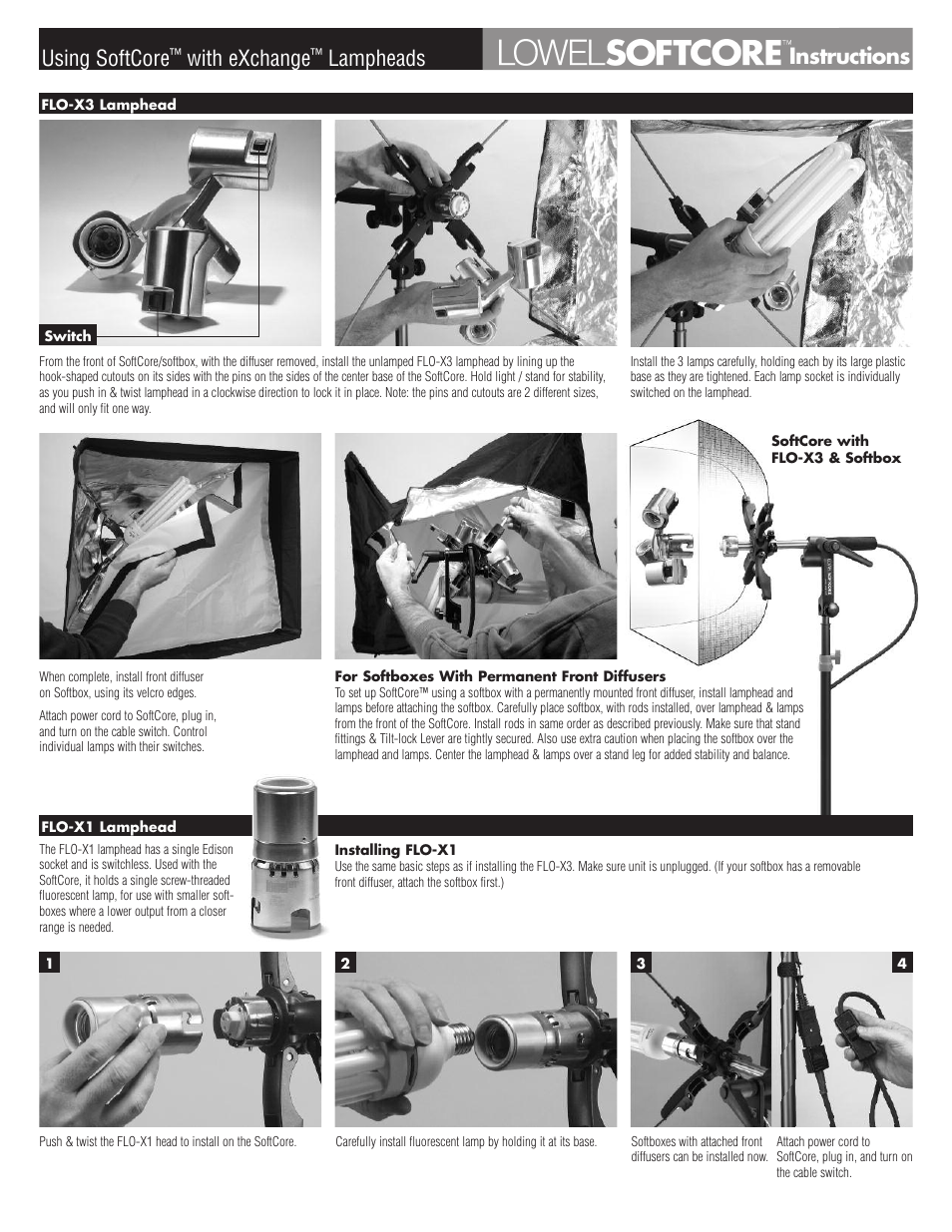 Using softcore, With exchange, Lampheads instructions | Tiffen Lowel SoftCore User Manual | Page 2 / 4