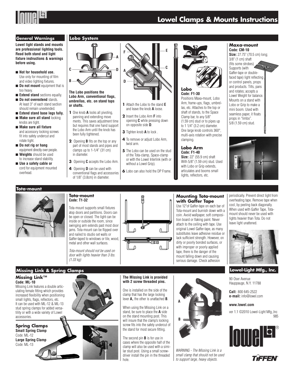 Tiffen Clamps & Mounts User Manual | 2 pages