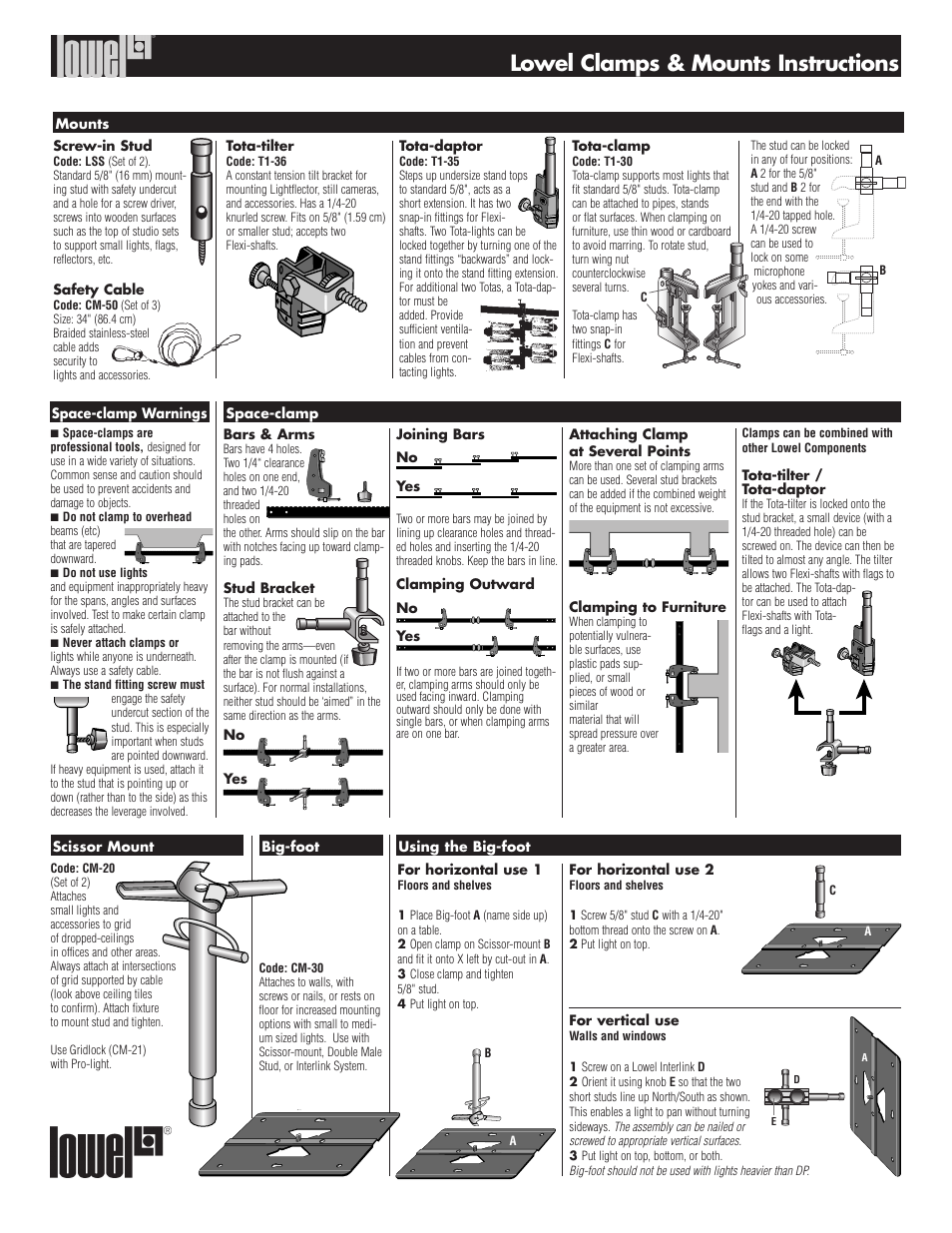 Lowel clamps & mounts instructions | Tiffen Clamps & Mounts User Manual | Page 2 / 2