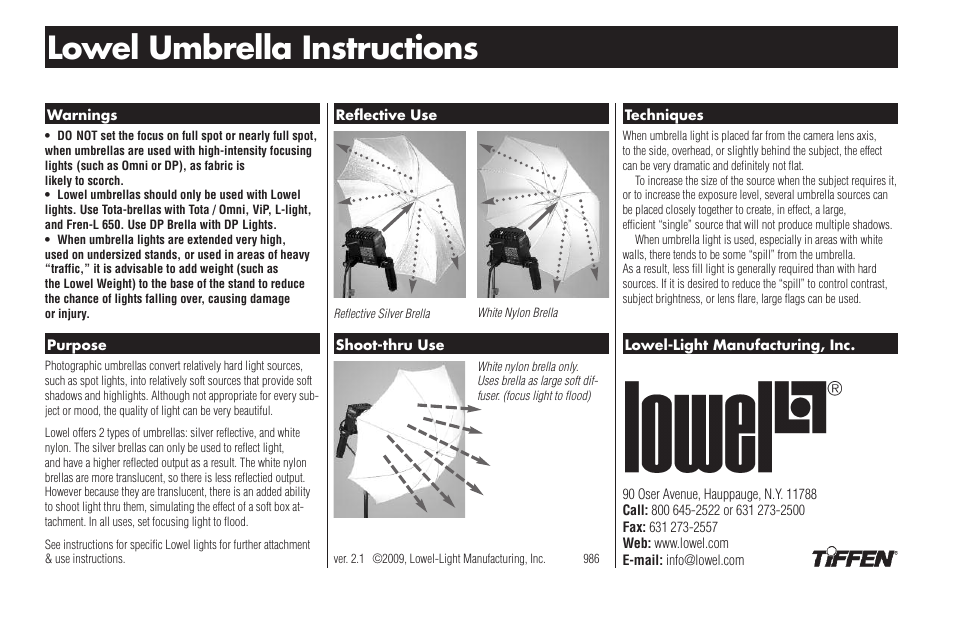 Tiffen Lowel Umbrellas User Manual | 1 page