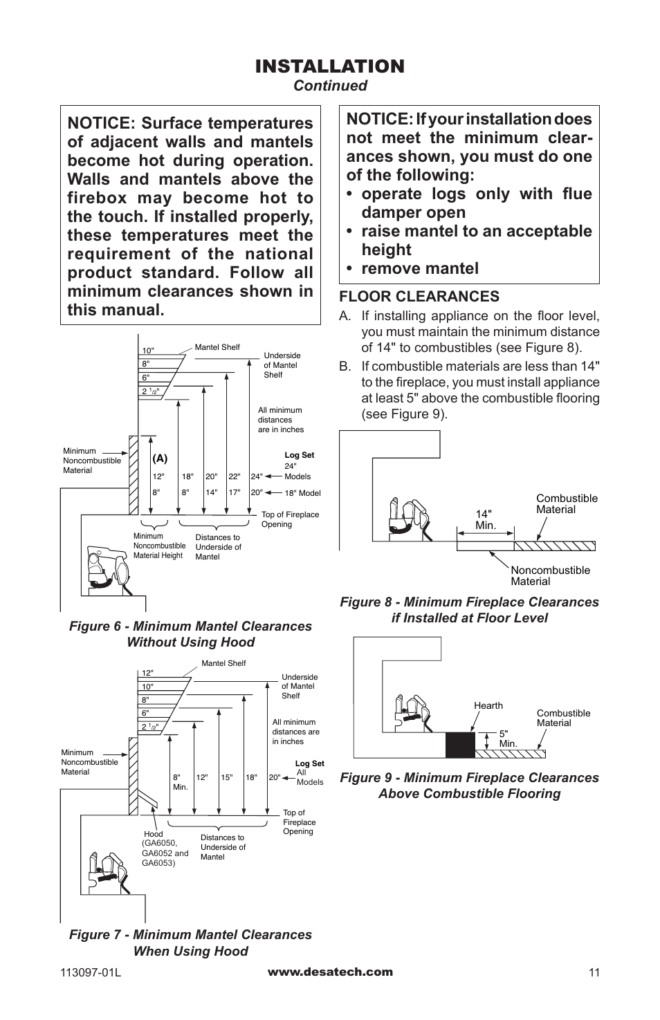 Installation, Floor clearances, Continued | Desa Tech CRL3124PA/NA User Manual | Page 11 / 36