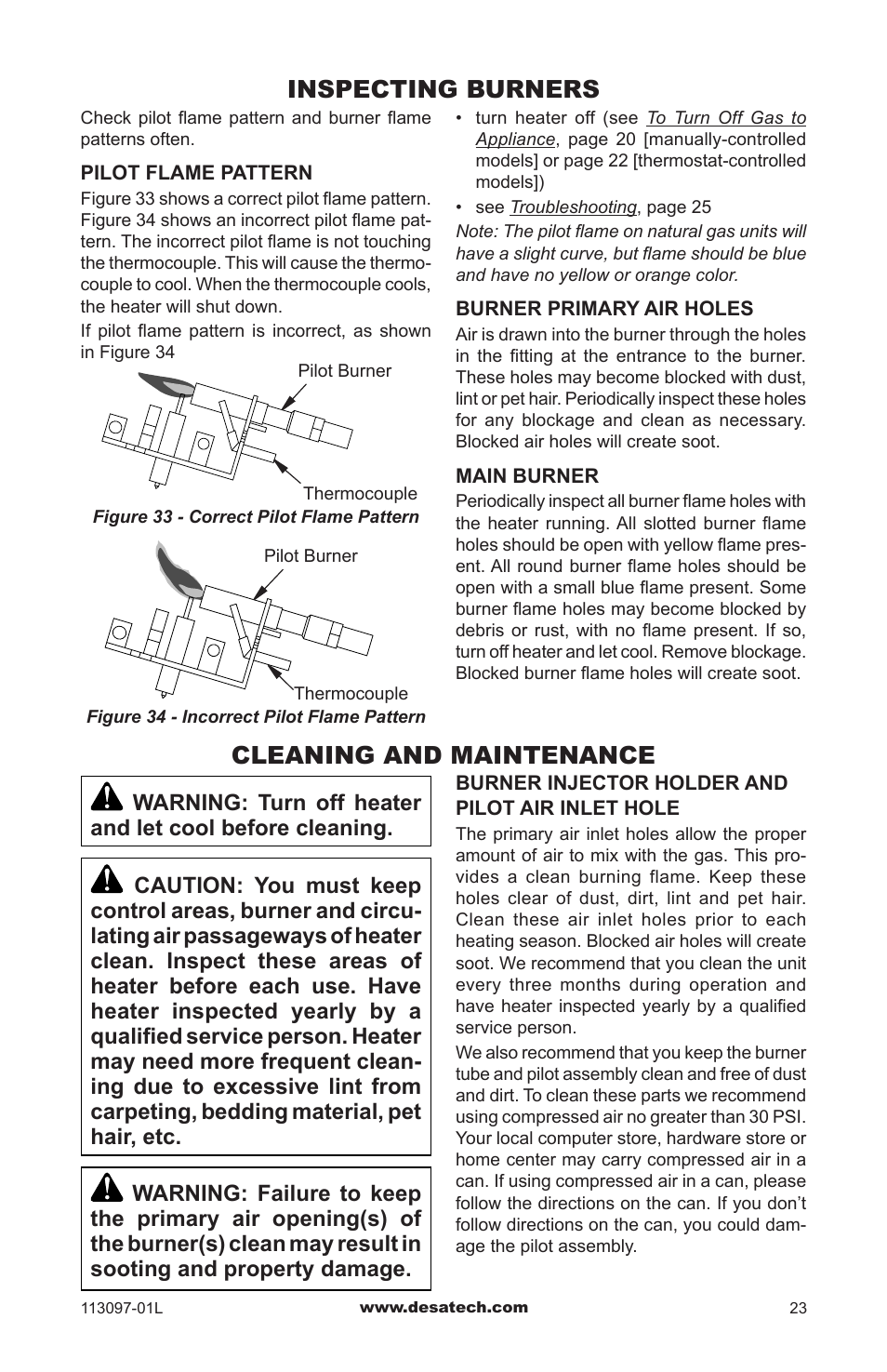 Inspecting burners, Cleaning and maintenance | Desa Tech CRL3124PA/NA User Manual | Page 23 / 36