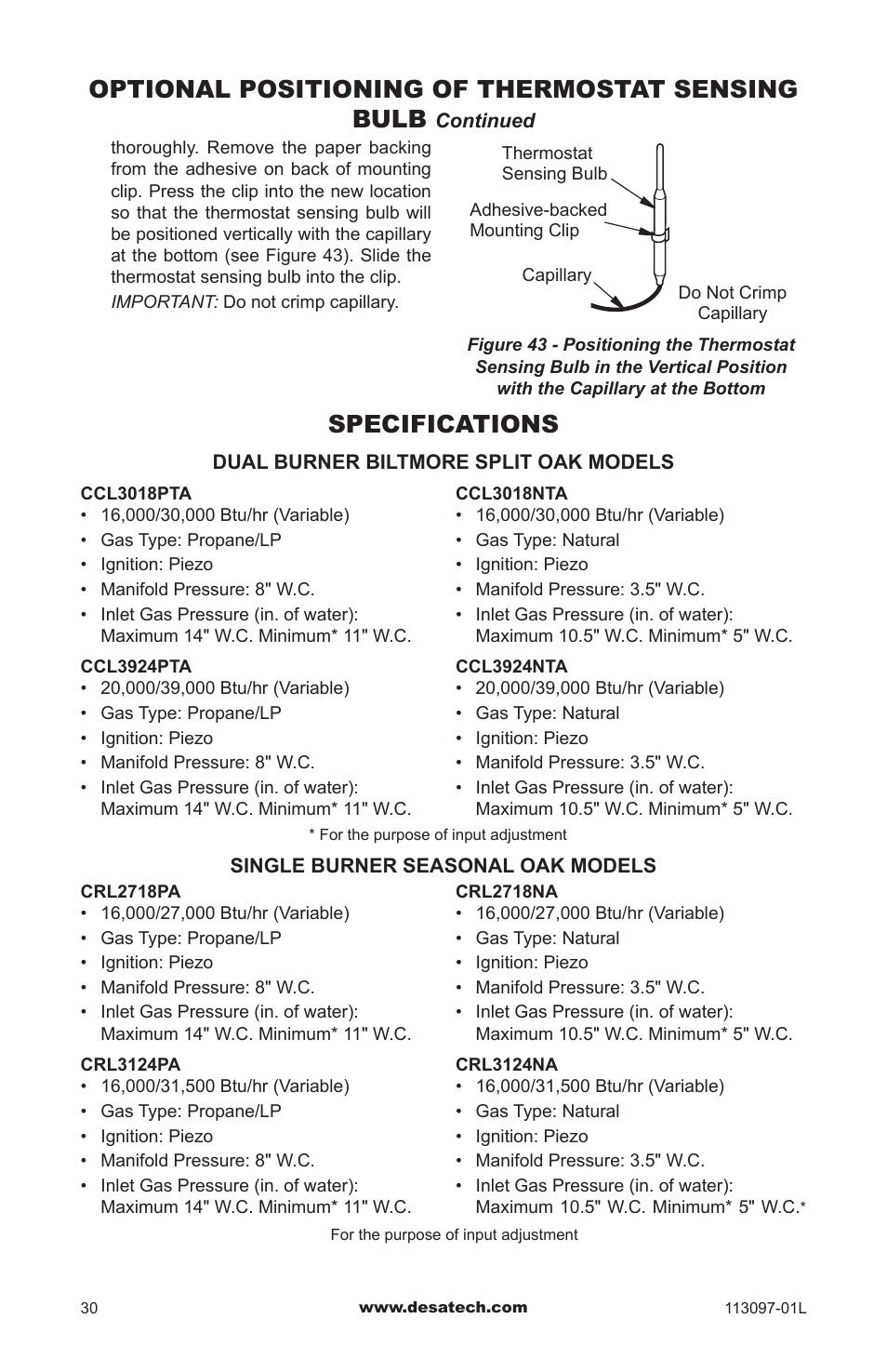 Specifications, Optional positioning of thermostat sensing bulb | Desa Tech CRL3124PA/NA User Manual | Page 30 / 36