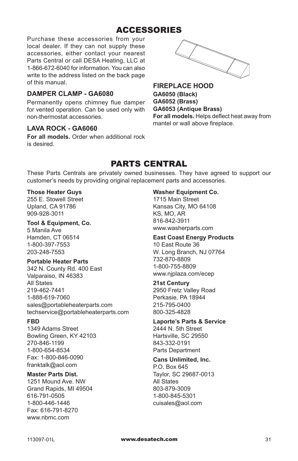 Accessories, Parts central | Desa Tech CRL3124PA/NA User Manual | Page 31 / 36