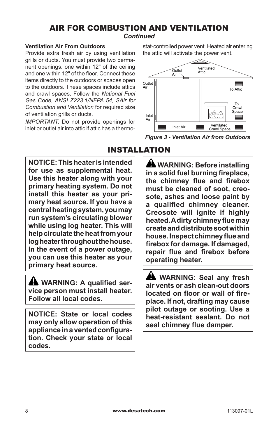 Installation, Air for combustion and ventilation | Desa Tech CRL3124PA/NA User Manual | Page 8 / 36