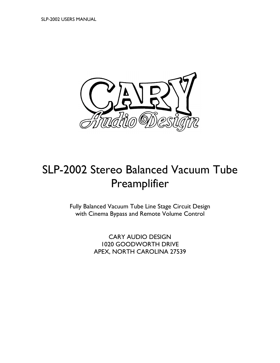 Cary Audio Design SLP-2002 User Manual | 7 pages