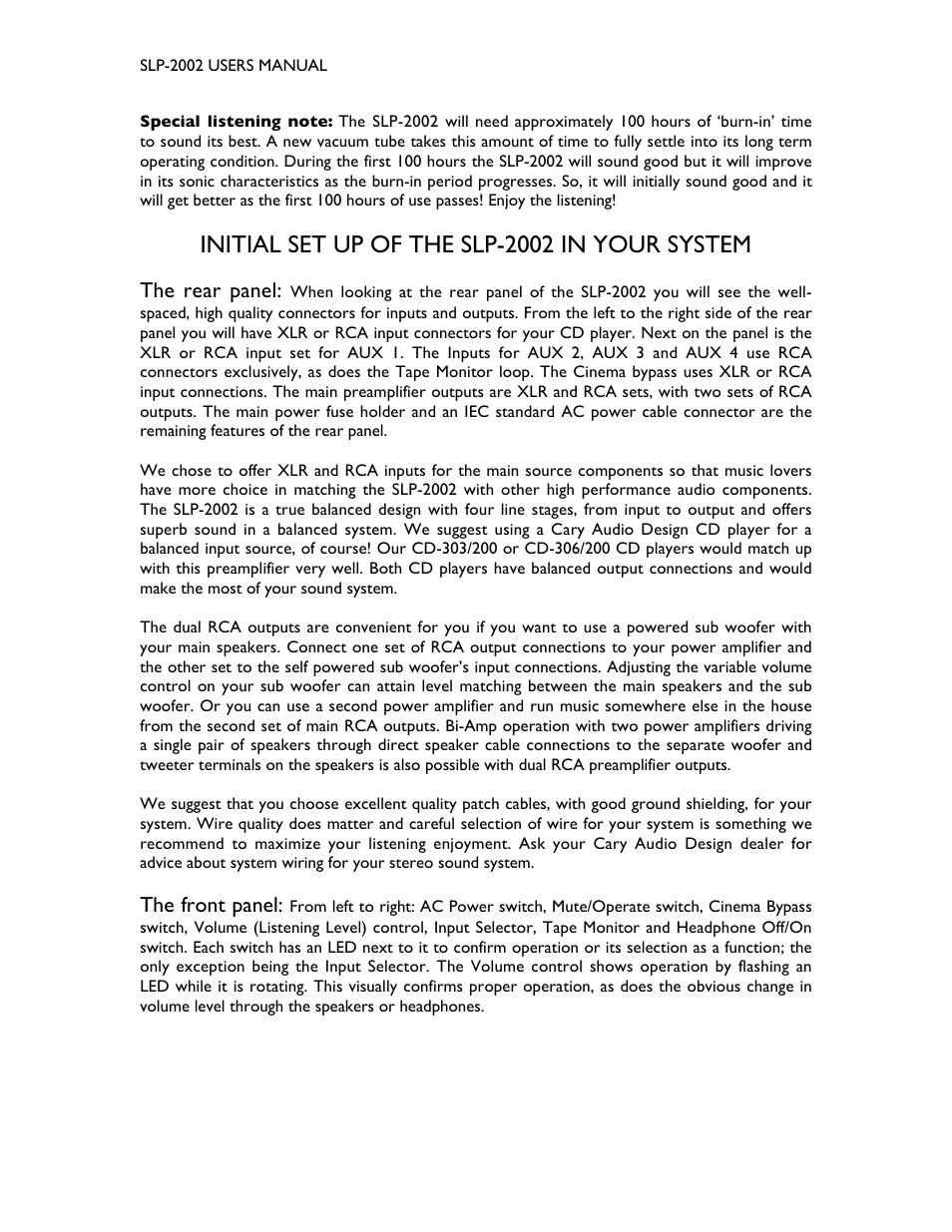 Initial set up of the slp-2002 in your system | Cary Audio Design SLP-2002 User Manual | Page 3 / 7