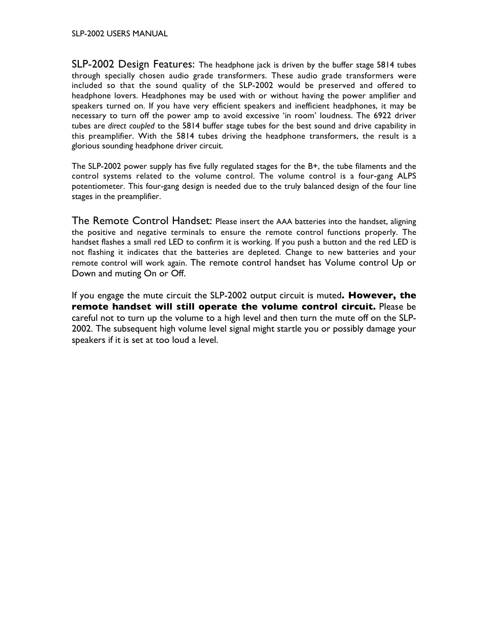 Slp-2002 design features, The remote control handset | Cary Audio Design SLP-2002 User Manual | Page 4 / 7