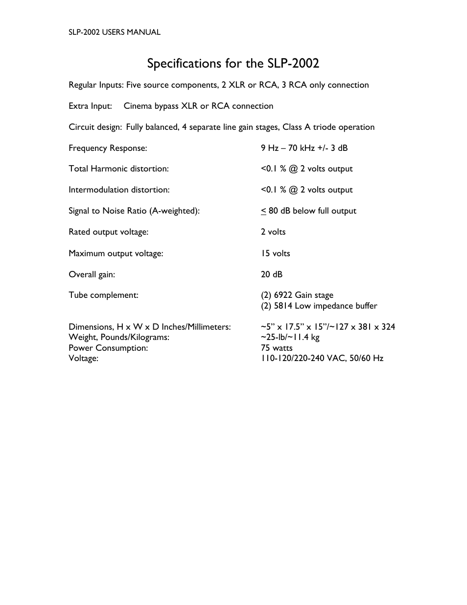 Specifications for the slp-2002 | Cary Audio Design SLP-2002 User Manual | Page 5 / 7