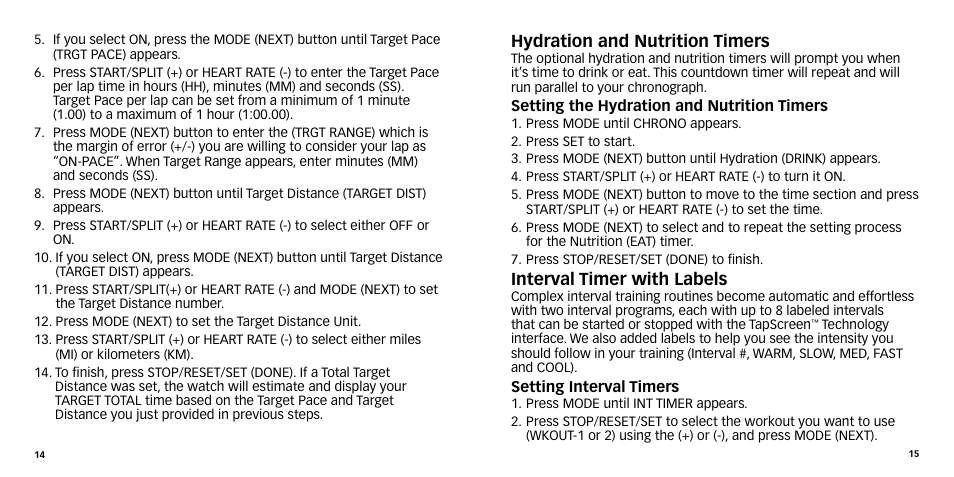 Hydration and nutrition timers, Interval timer with labels | Timex W-270 User Manual | Page 10 / 88