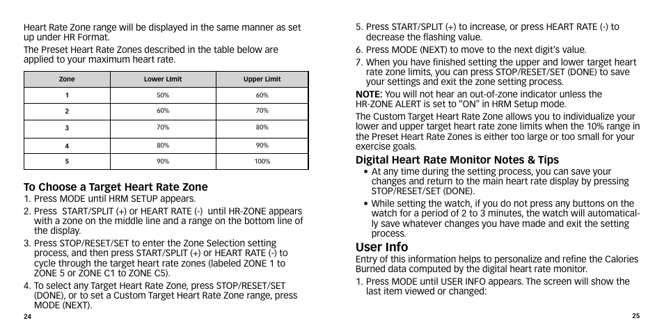 User info | Timex W-270 User Manual | Page 15 / 88